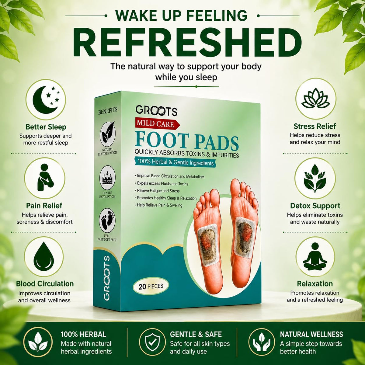 GROOTS Premium Foot pads, Foot Patches Stress Relief Patch Solution, Toxin Remover cleansing , Pain Relief ,Weight Loss Sleep Patch for Detoxification, For Men & Women (1 BOXES = 20 Patches) (Buy 1 Get 1)