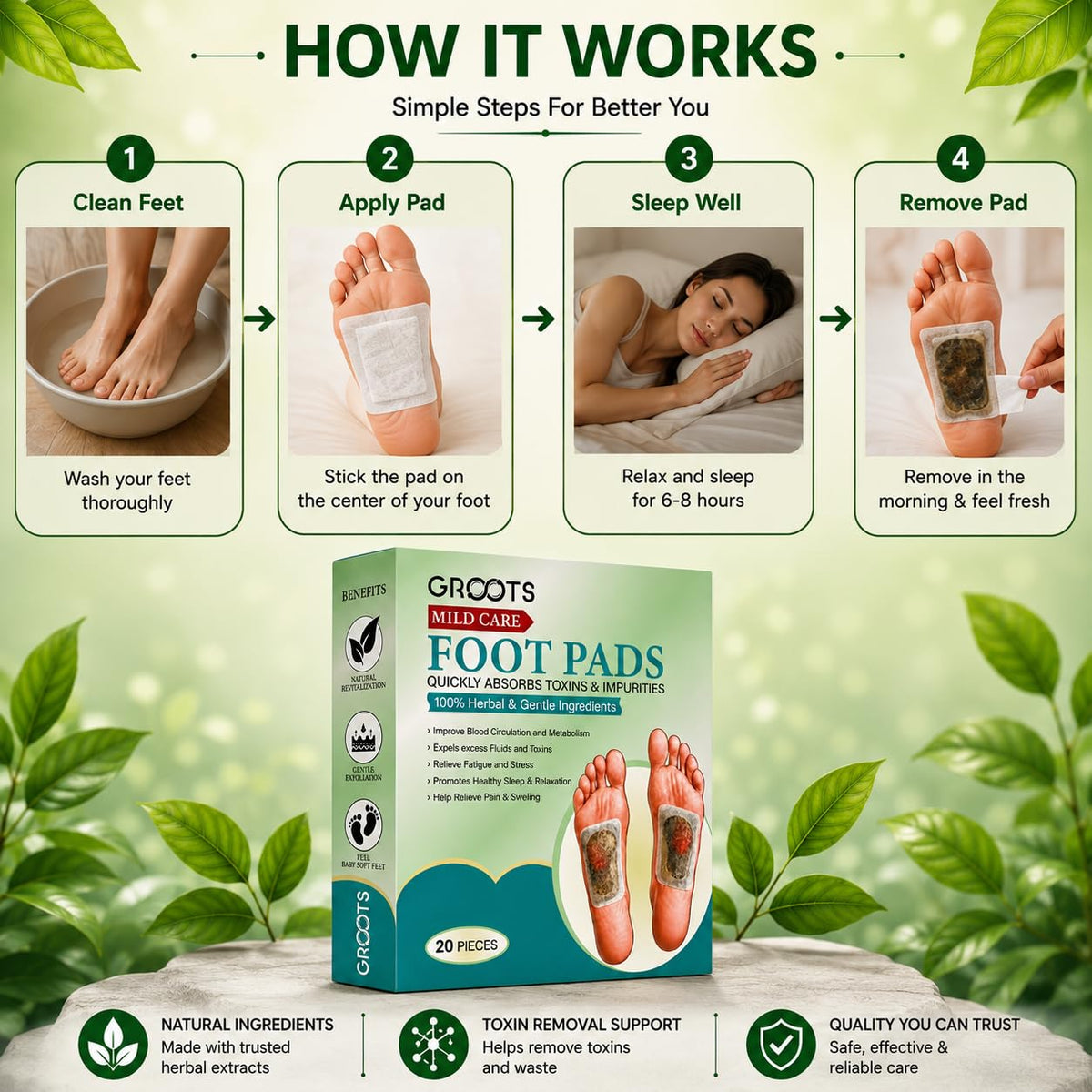 GROOTS Premium Foot pads, Foot Patches Stress Relief Patch Solution, Toxin Remover cleansing , Pain Relief ,Weight Loss Sleep Patch for Detoxification, For Men & Women (1 BOXES = 20 Patches) (Buy 1 Get 1)